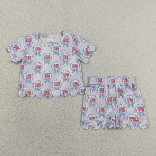 RTS NO MOQ milk silk GSSO3555 Baby Girls Bows Flags Stripe Top Pockets Short 4th of July Scallop Clothes Sets