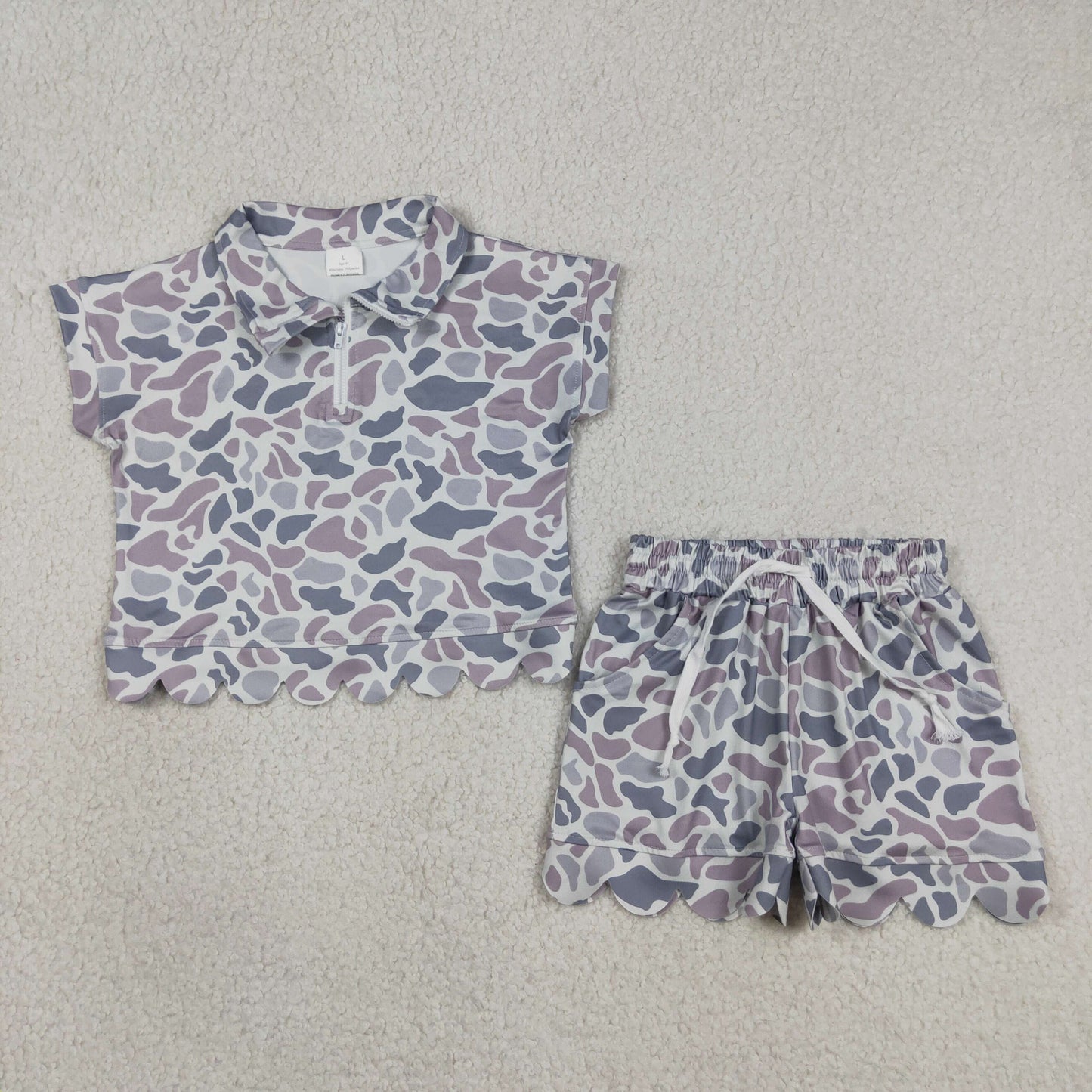 RTS NO MOQ Sibling milk silk Baby Girls Camo Print Zip Top Matching Scallop Edge Hem Shorts  Clothes Set
