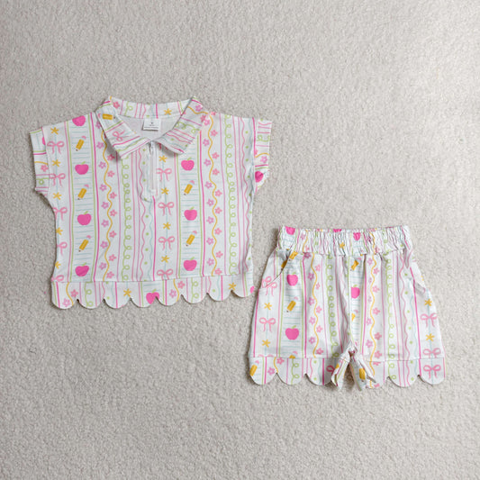 RTS NO MOQ milk silk GSSO3582 Baby Girls Pencils Flowers Zip Pullovers Top Short Back to School Scallop Clothes Sets