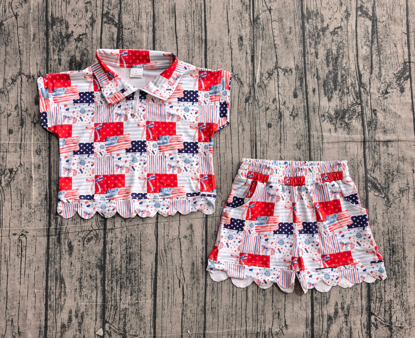 GSSO3599Baby Girls Bows Flags Zipper Top Short 4th of July Scallop Clothes Sets Preorder