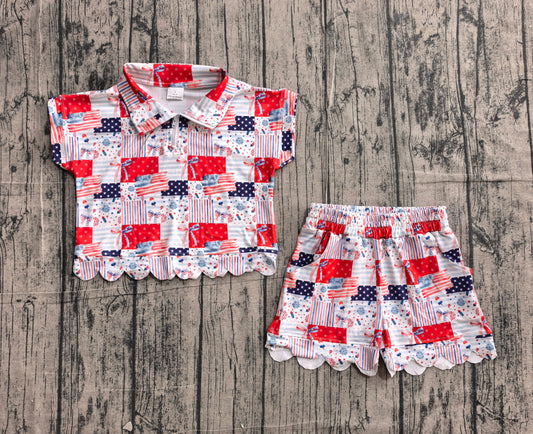 GSSO3599Baby Girls Bows Flags Zipper Top Short 4th of July Scallop Clothes Sets Preorder