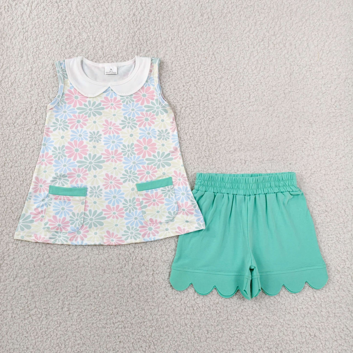 RTS NO MOQ milk silk GSSO3632 Baby Girls Colorful Daisy Collar Pockets Tunic Scallop Shorts Clothes Set