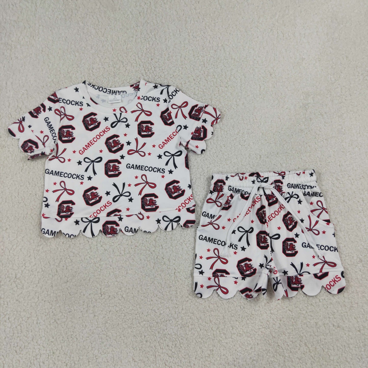NEW RTS NO MOQ milk silk GSSO3641 Baby Girls Bow Short Sleeve Top Scallop Short Team Clothes Set
