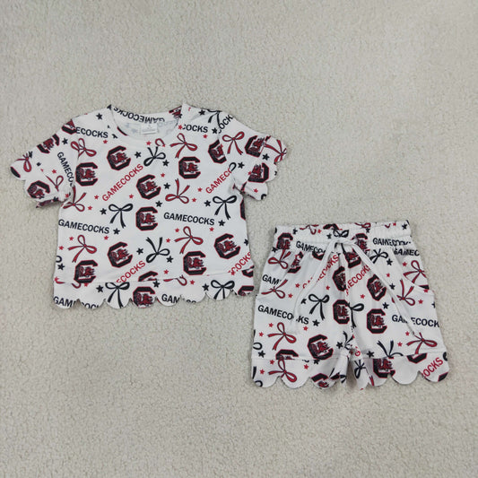 NEW RTS NO MOQ milk silk GSSO3641 Baby Girls Bow Short Sleeve Top Scallop Short Team Clothes Set