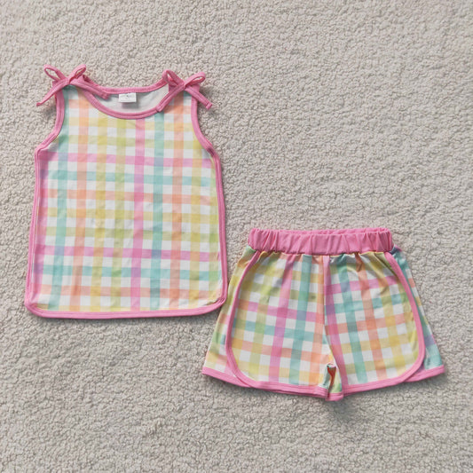 NEW RTS NO MOQ milk silk GSSO3659 Baby Girls Colorful Plaid Sleeveless Shirt Top Shorts Casual Summer Clothes Set