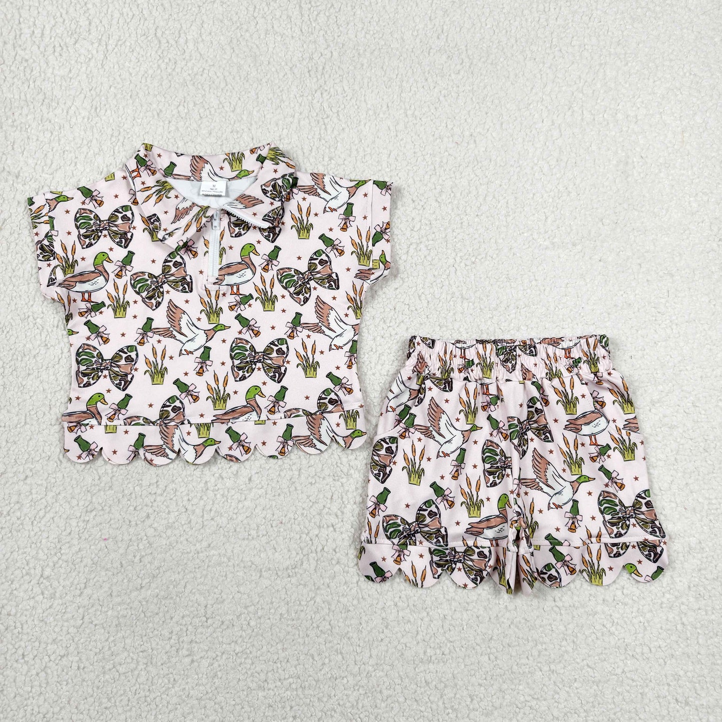 RTS NO MOQ milk silk GSSO3669 Baby Girls Camo Bows Ducks Zipper Top Short Hunting Scallop Clothes Sets