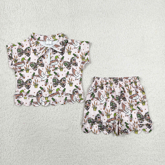 RTS NO MOQ milk silk GSSO3669 Baby Girls Camo Bows Ducks Zipper Top Short Hunting Scallop Clothes Sets