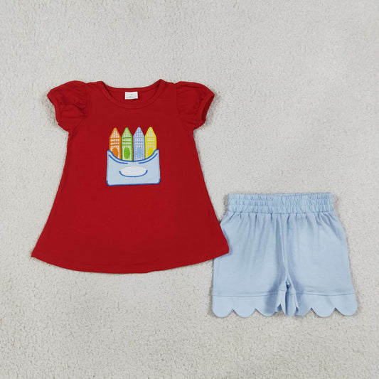 NEW RTS NO MOQ milk silk GSSO3727 Embroidery Pencils Baby Girls Tunic Scallop Short Back to School Clothes Set