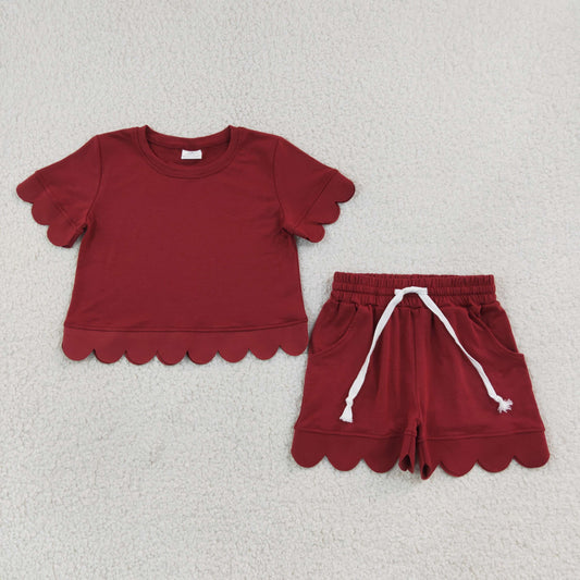 NEW RTS NO MOQ cotton GSSO3778 Baby Girls Maroon Short Sleeve Cotton Top Scallop Hem Shorts Two Piece Casual Clothes Set