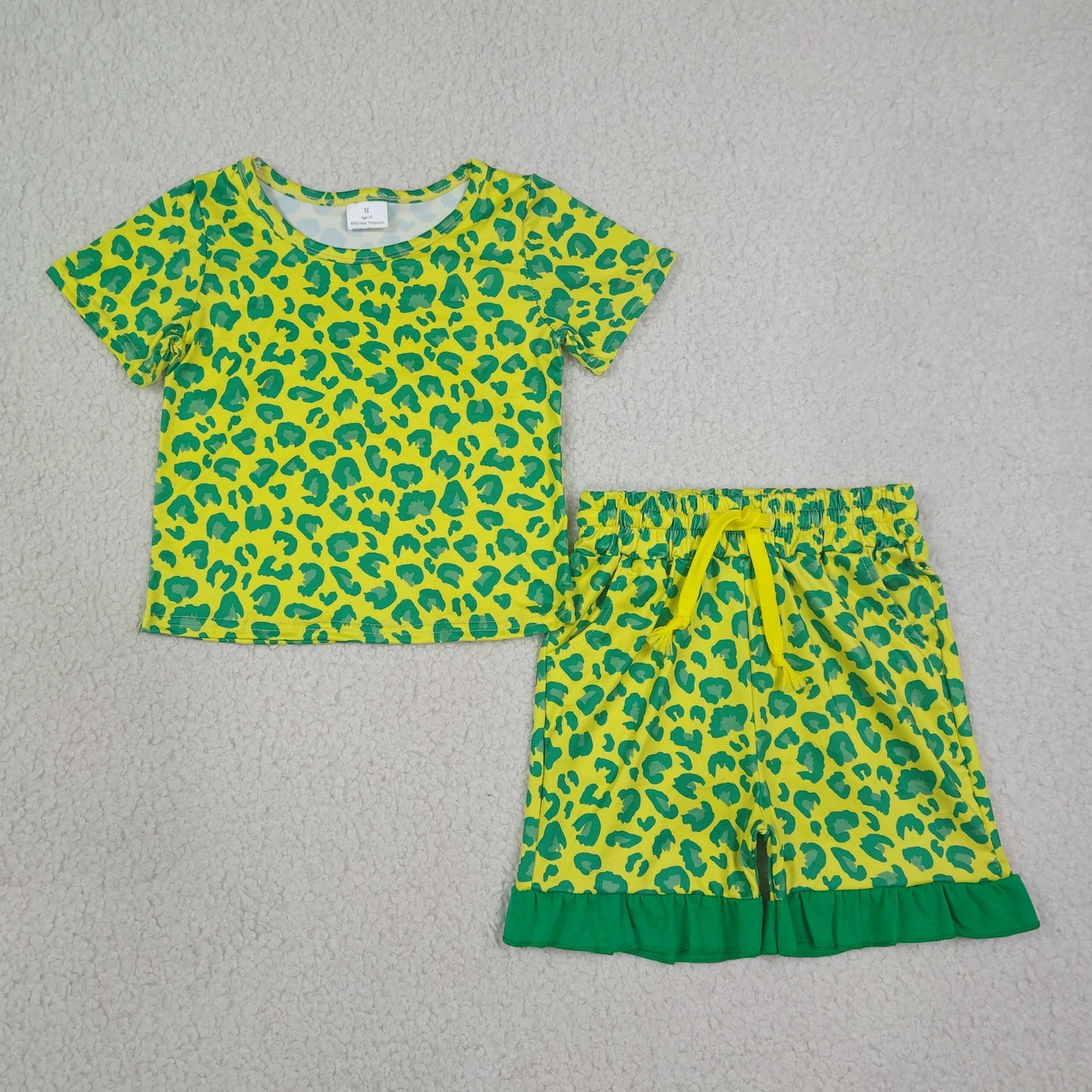 RTS NO MOQ Sibling milk silk Baby Girls Leopard Print Short Sleeve Top Ruffle Hem Shorts Summer Set