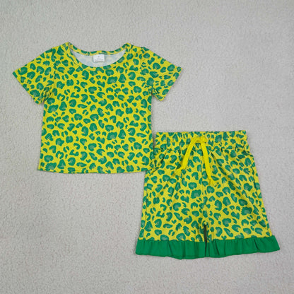 RTS NO MOQ Sibling milk silk Baby Girls Leopard Print Short Sleeve Top Ruffle Hem Shorts Summer Set
