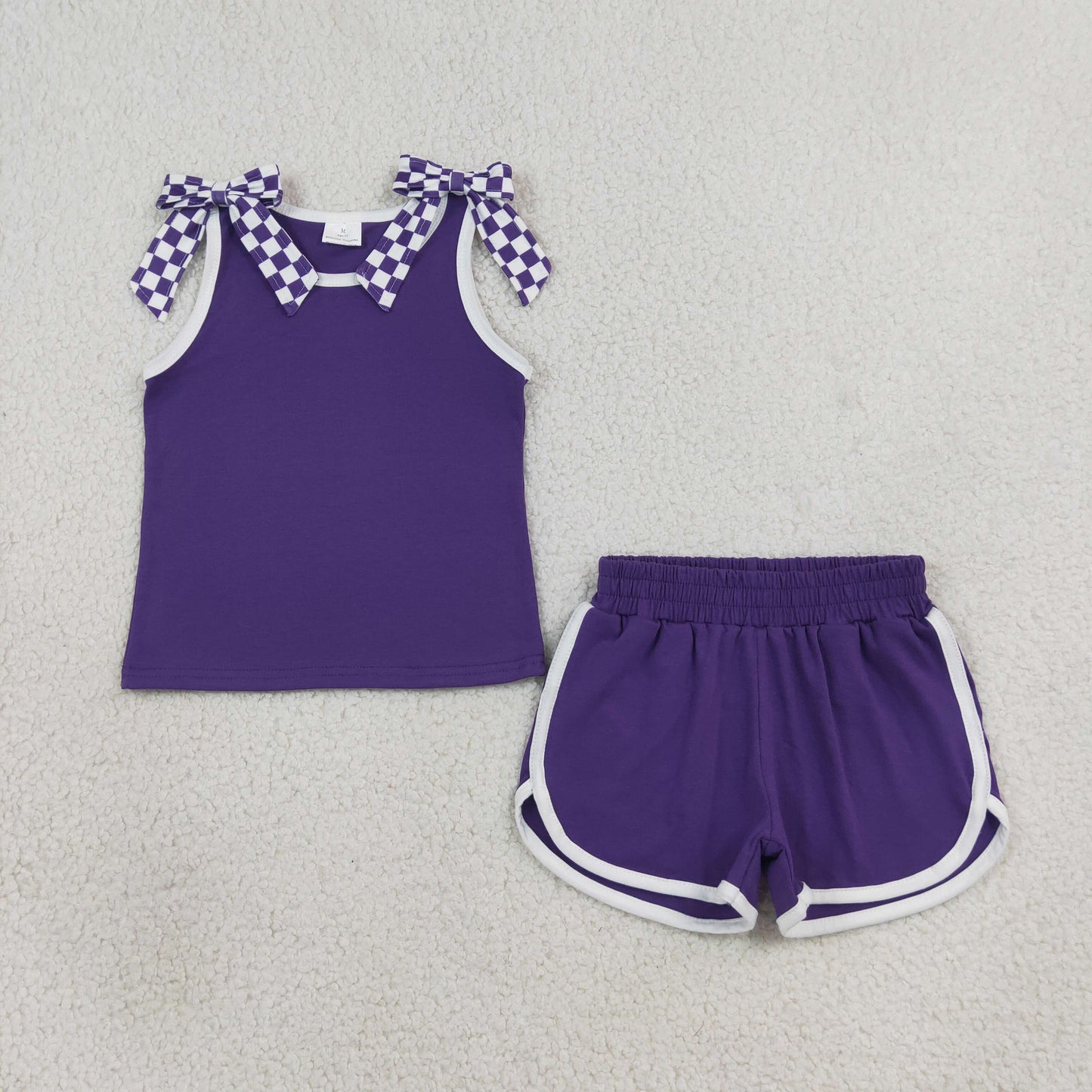 NEW RTS NO MOQ cotton GSSO3814 Baby Girls Purple Checked Bow Sleeveless Top Short Bottom Outfit Set