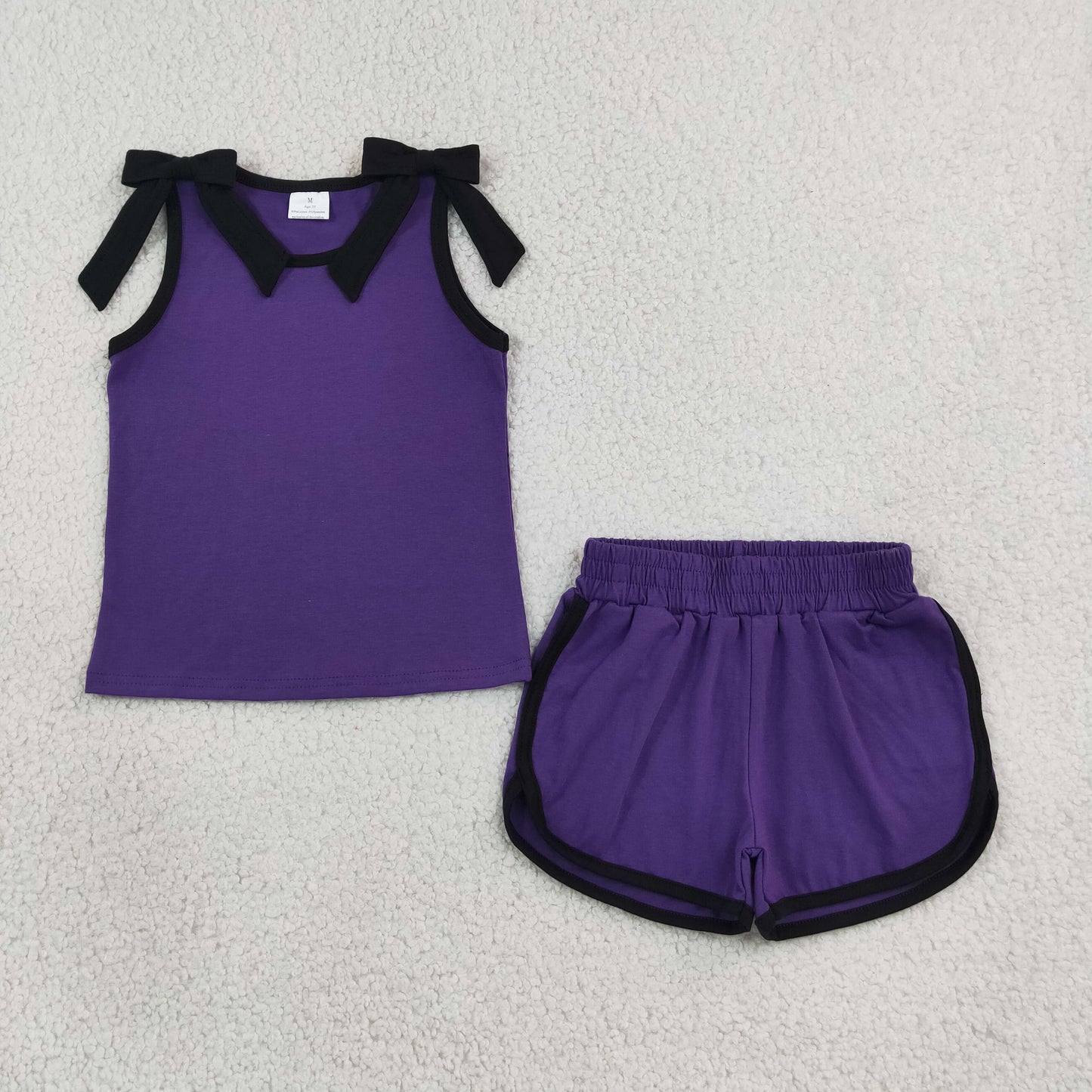 NEW RTS NO MOQ cotton GSSO3815 Baby Girls Purple Black Bows Sleeveless Top Short Sets