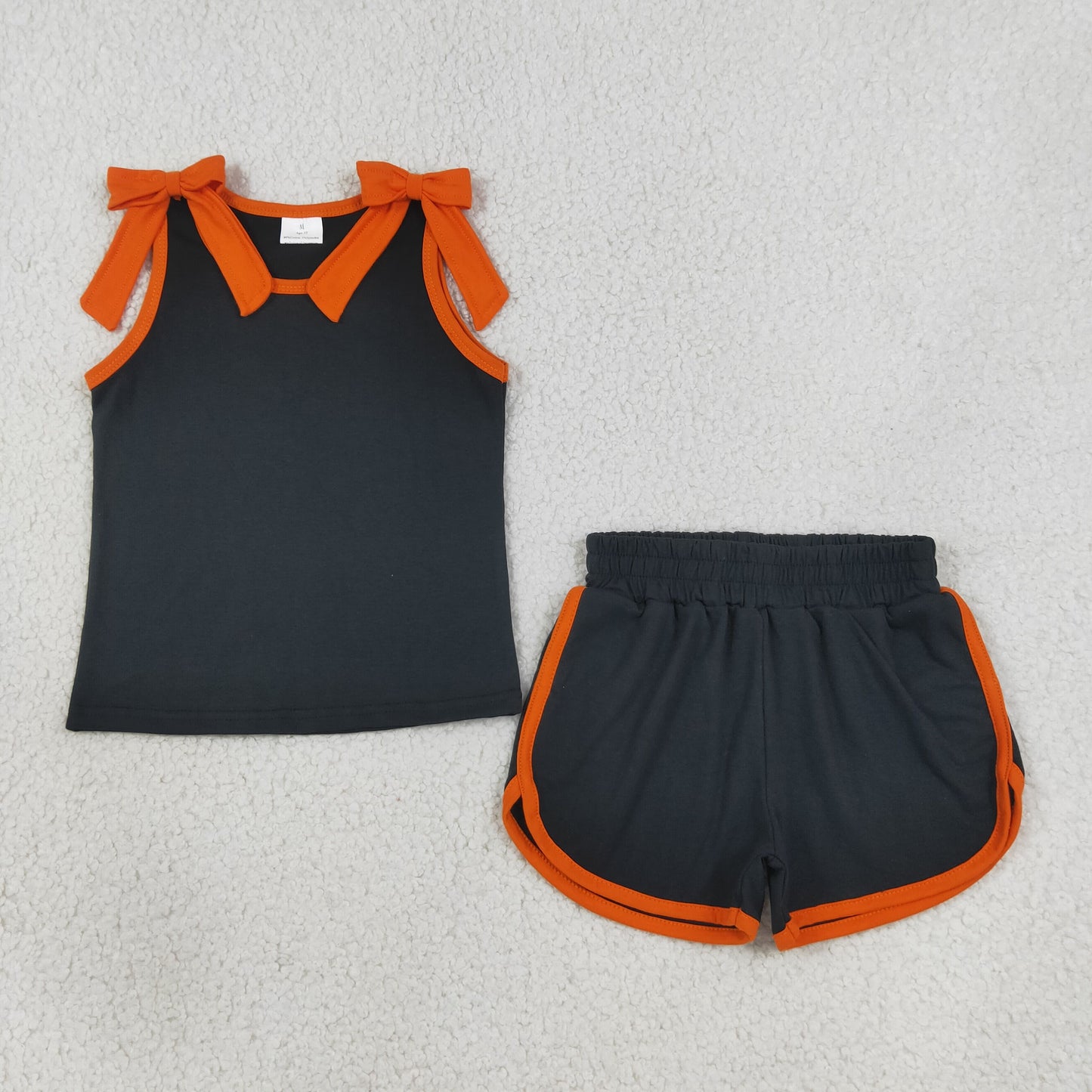 NEW RTS NO MOQ cotton GSSO3822 Baby Girls Black Orange Bows Sleeveless Top Short Clothes Sets