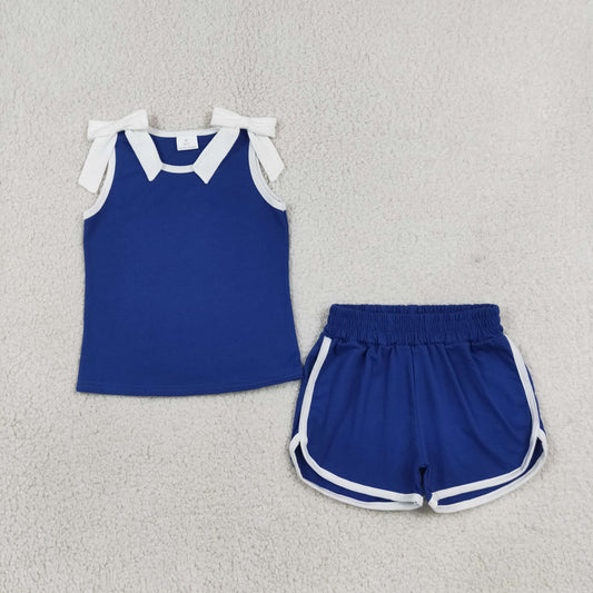 NEW RTS NO MOQ cotton GSSO3824 Baby Girls Blue White Bow Print Sleeveless Top Shorts Summer Clothes Set