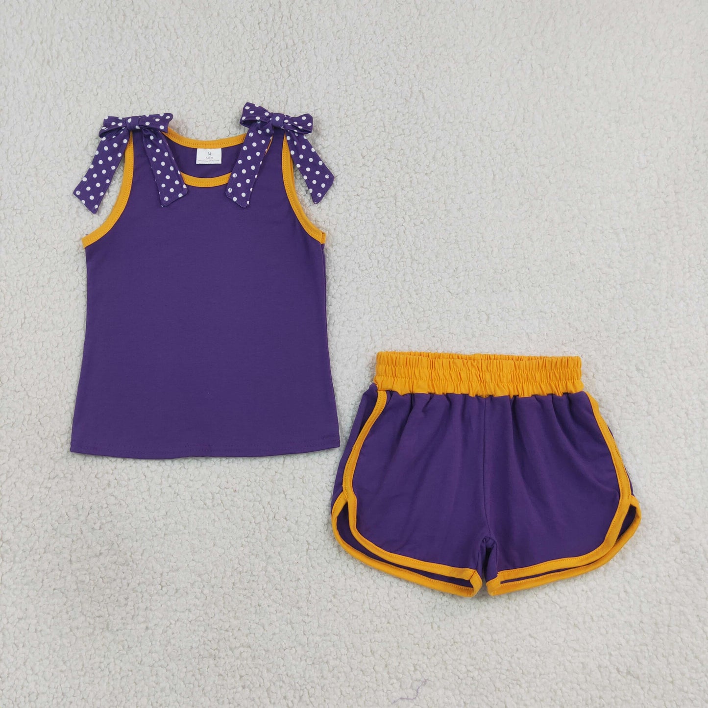 NEW RTS NO MOQ cotton GSSO3826 Baby Girls Purple Polka Dot Print Bow Sleeveless Top Shorts Sets