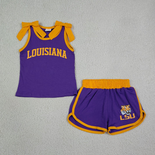 NEW RTS NO MOQ milk silk GSSO3832 Vinyl Baby Girls Team Solid Orange Bow Sleeveless Purple Top Elastic Waist Short Bottom Outfit Set