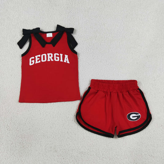 NEW RTS NO MOQ milk silk GSSO3834 Vinyl Baby Girls Team Solid Black Bow Sleeveless Red Top Short Bottom Outfit Set