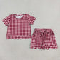 NEW RTS NO MOQ milk silk GSSO3836 Baby Girls Maroon Plaid Checked Short Sleeve Shirt Top And Scallop Hem Shorts Set