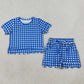NEW RTS NO MOQ milk silk GSSO3837 Baby Girls Blue Plaid Short Sleeve Shirt Scallop Hem Shorts Set