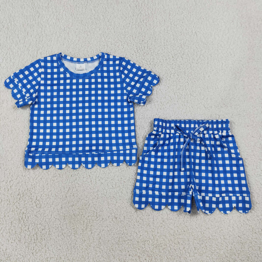 NEW RTS NO MOQ milk silk GSSO3837 Baby Girls Blue Plaid Short Sleeve Shirt Scallop Hem Shorts Set