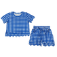 NEW RTS NO MOQ milk silk GSSO3837 Baby Girls Blue Plaid Short Sleeve Shirt Scallop Hem Shorts Set