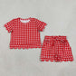 NEW RTS NO MOQ milk silk GSSO3838 Baby Girls Red Checked Shirt Top Pockets Short Scallop Clothes Set