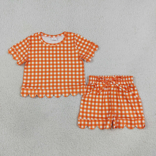 NEW RTS NO MOQ milk silk GSSO3839 Baby Girls Orange Check Shirt Top Elastic Scallop Shorts Set