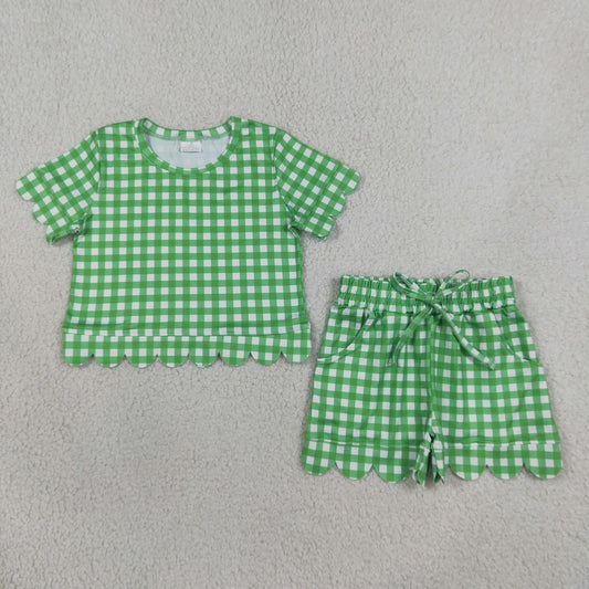 NEW RTS NO MOQ milk silk GSSO3840 Baby Girls Green Check Shirt Top Elastic Scallop Shorts Set