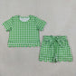 RTS NO MOQ Sibling milk silk Baby Girls Checked Shirt Top Pockets Short Scallop Clothes Set Summer Casual Outfit