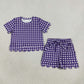 NEW RTS NO MOQ milk silk GSSO3841 Baby Girls Purple Checked Top Pockets Short Scallop Clothes Set