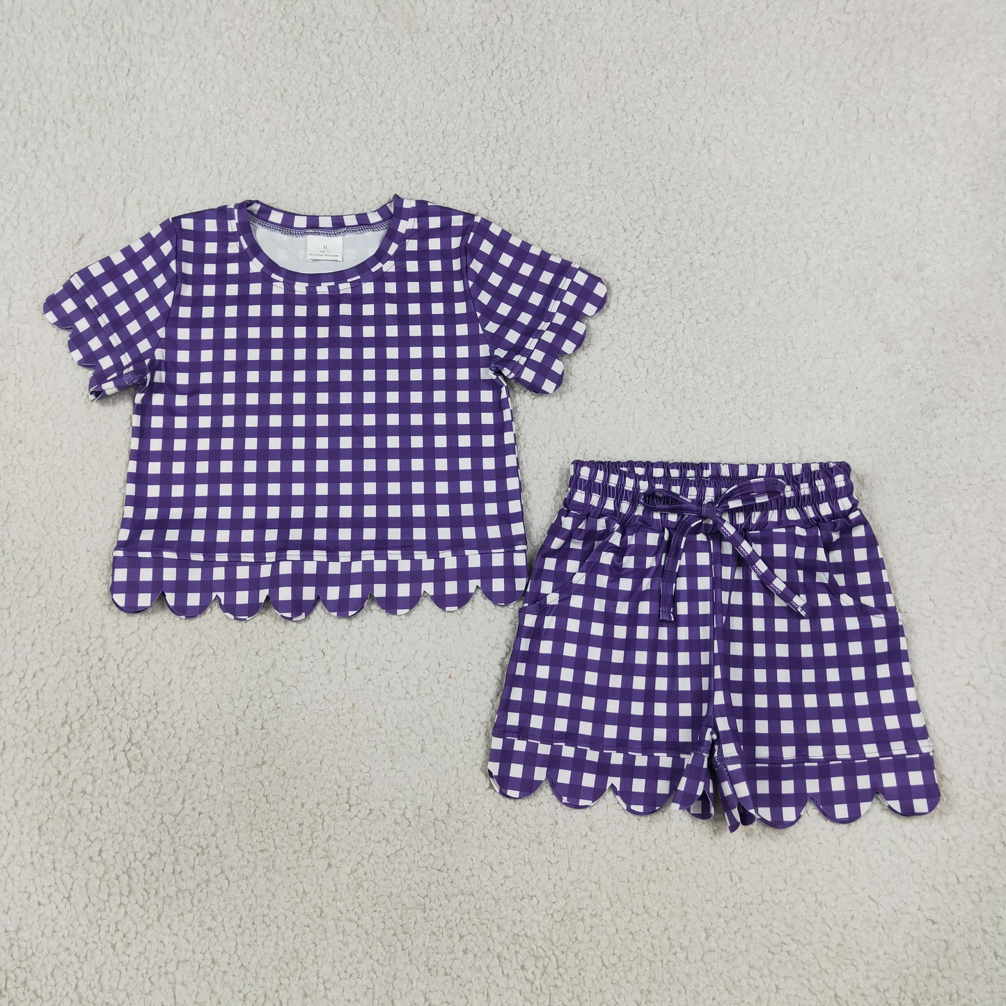 NEW RTS NO MOQ milk silk GSSO3841 Baby Girls Purple Checked Top Pockets Short Scallop Clothes Set