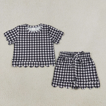 NEW RTS NO MOQ milk silk GSSO3842 Baby Girls Black Checked Shirt Top Pockets Short Scallop Clothes Set