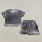 RTS NO MOQ Sibling milk silk Baby Girls Checked Shirt Top Pockets Short Scallop Clothes Set Summer Casual Outfit