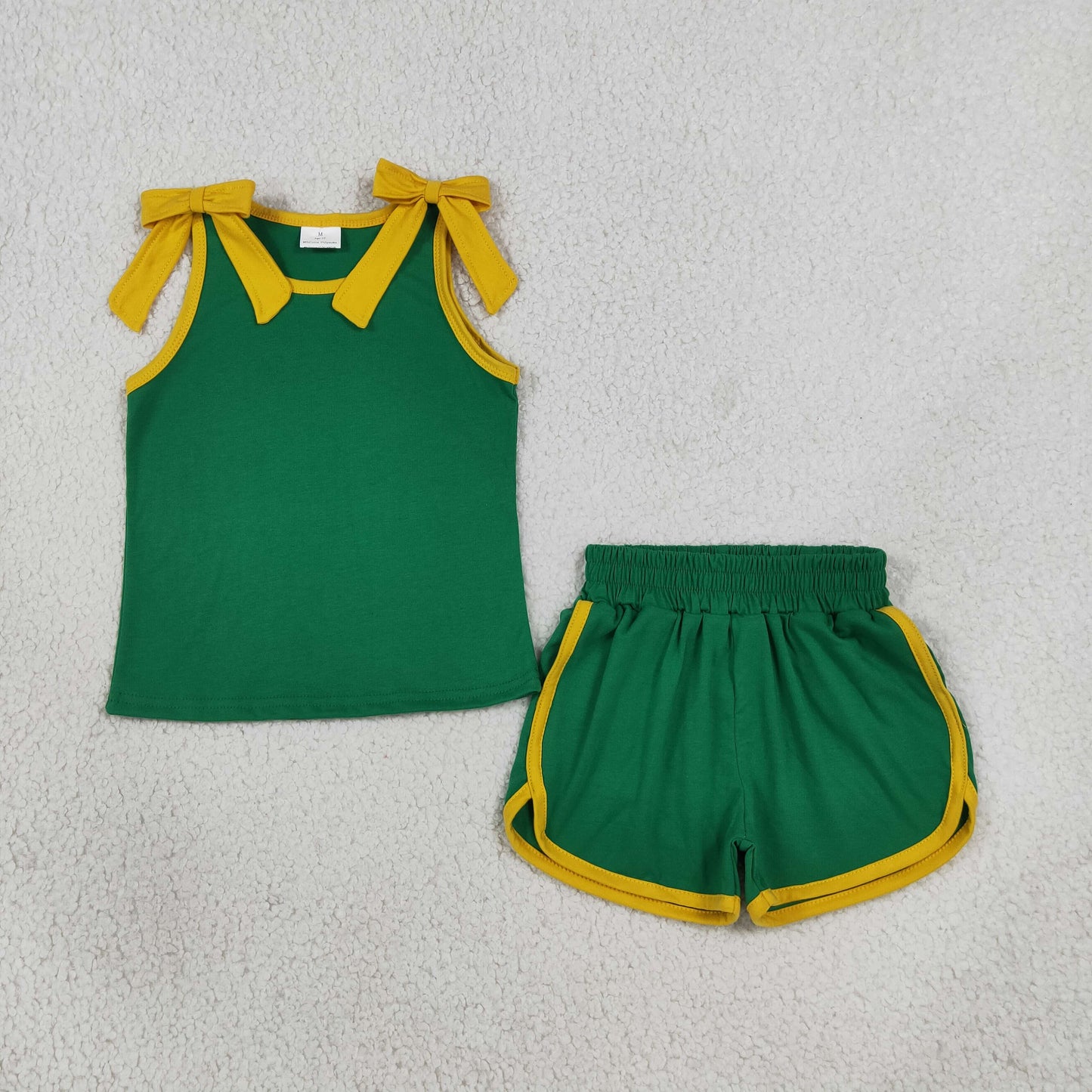 NEW RTS NO MOQ cotton GSSO3850 Baby Girls Green Gold Bows Sleeveless Vest Top Short Clothes Set