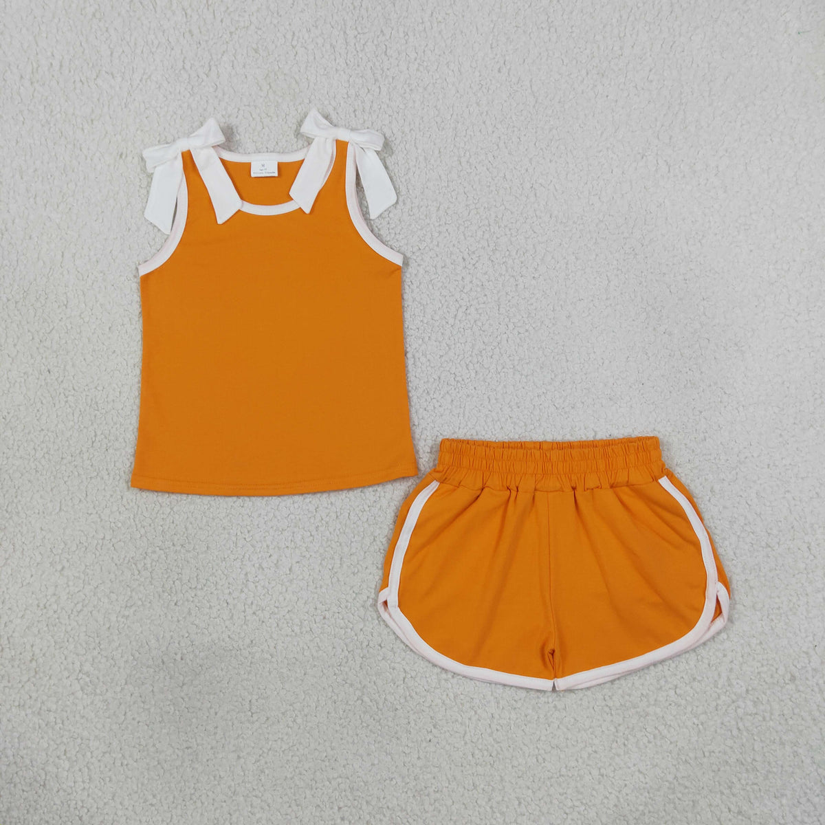 NEW RTS NO MOQ milk silk GSSO3851 Baby Girls Orange White Bows Sleeveless Vest Pockets Short Clothes Sets