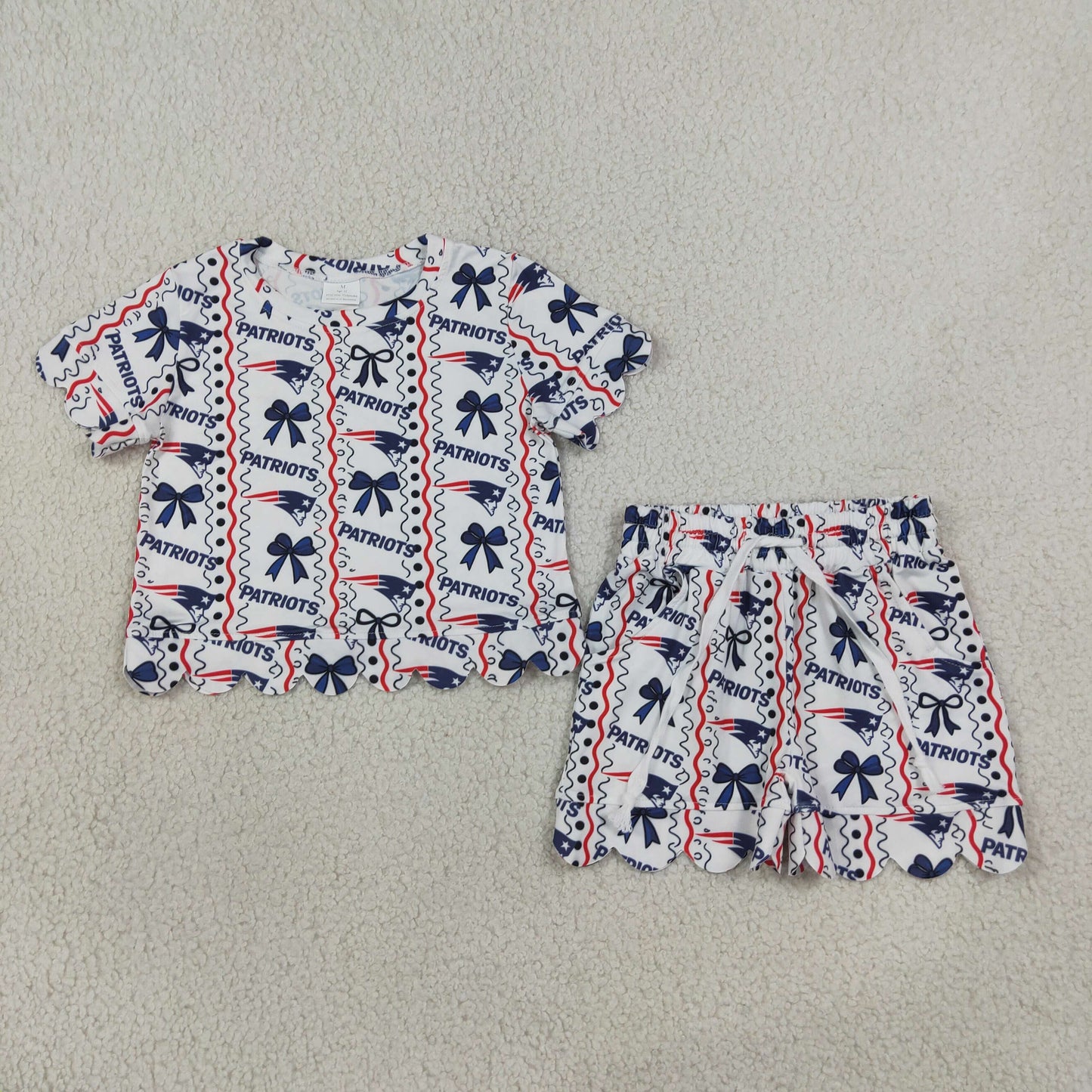 NEW RTS NO MOQ milk silk GSSO3854 Baby Girls Patriots Bows Stripe Top Pockets Short Team Scallop Clothes Sets