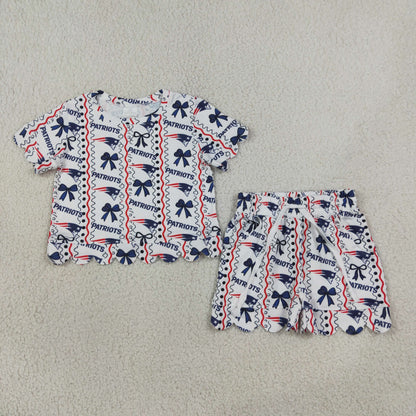 RTS NO MOQ Sibling milk silk Baby Girls Bow Print Short Sleeve Top And Scallop Shorts Team Set