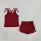 NEW RTS NO MOQ milk silk GSSO3859 Baby Girls Maroon Checked Bows Sleeveless Vest Pockets Short Clothes Sets