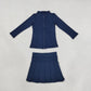 NEW RTS NO MOQ yoga fabric cotton GLD1705（GT0677+GLK0122）Baby Girls Navy Zip Pockets Jacket Top Pleated Skirt Short Yoga Active Casual Clothes Set