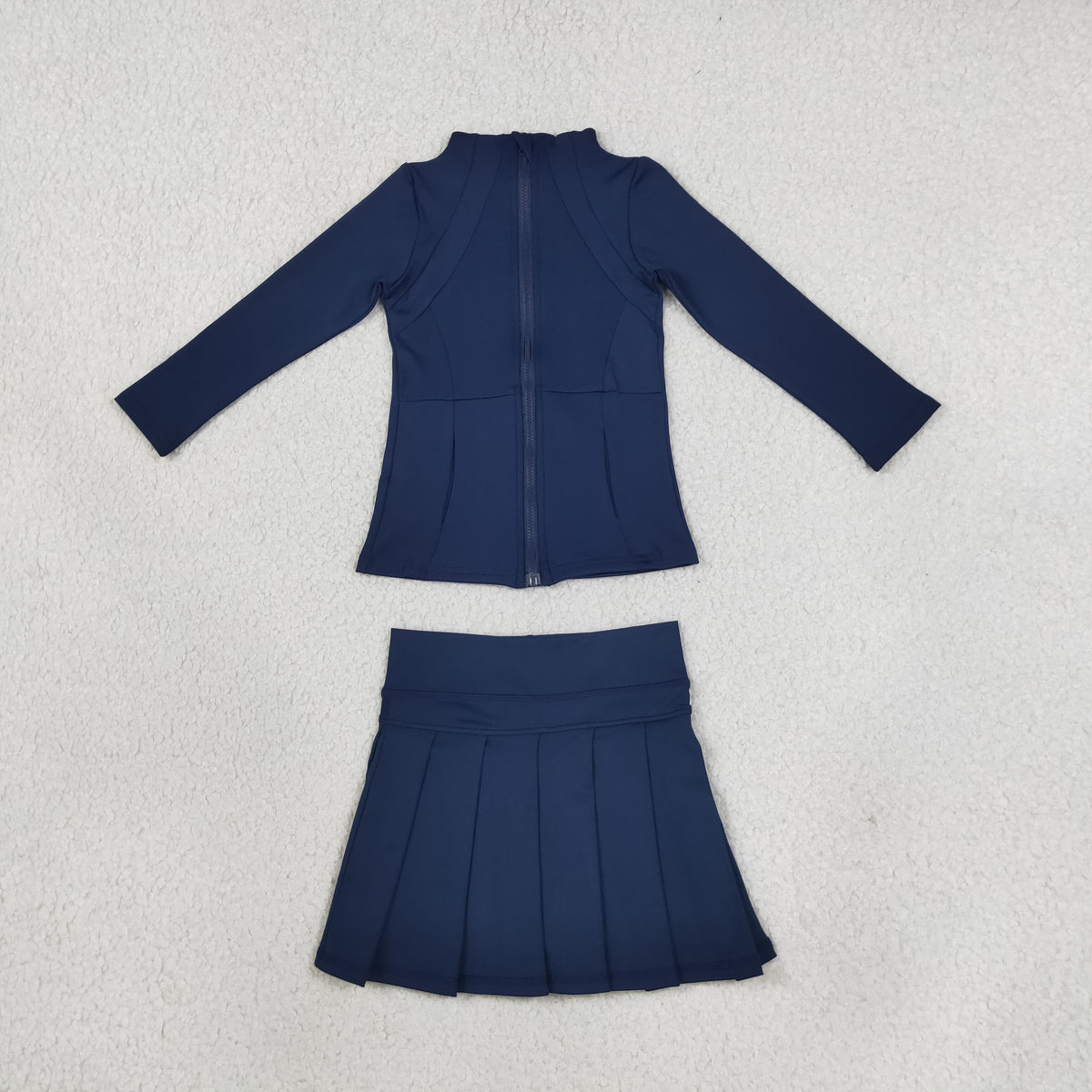 NEW RTS NO MOQ yoga fabric cotton GLD1705（GT0677+GLK0122）Baby Girls Navy Zip Pockets Jacket Top Pleated Skirt Short Yoga Active Casual Clothes Set