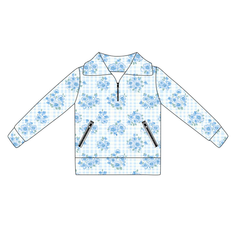 6.2GT1064 Blue Flower Plaid Yoga Top