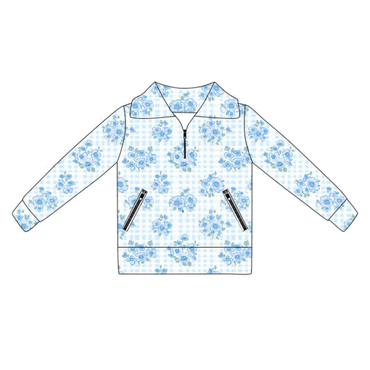 6.2GT1064 Blue Flower Plaid Yoga Top