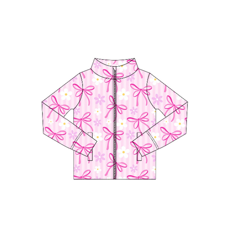 6.6GT1080 Bowknot Flower Pink Zipper Long Sleeve Top