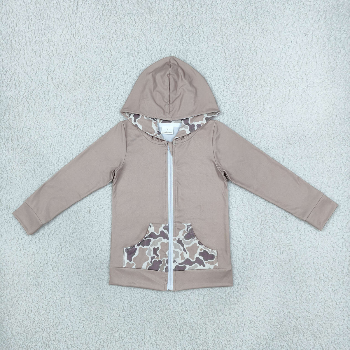 NEW RTS NO MOQ milk silk GT1144 Baby Girls Khaki Camo Deer Pocket Zip Hoodie Jackets Top