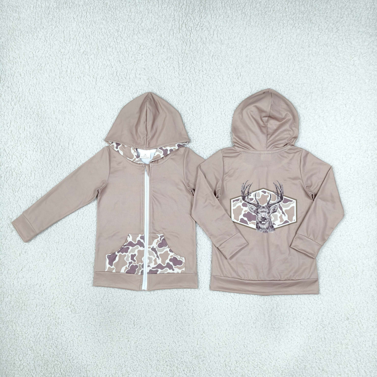 NEW RTS NO MOQ milk silk GT1144 Baby Girls Khaki Camo Deer Pocket Zip Hoodie Jackets Top