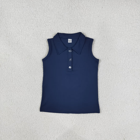 NEW RTS NO MOQ yoga fabric cotton GT1159 Baby Girls Navy Sleeveless Yoga Active Button Vests Top