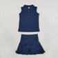 NEW RTS NO MOQ yoga fabric cotton GSD2796（GT1159+GLK0122）Baby Girls Navy Sleeveless Button Vest Top Pleated Skirt Short Yoga Casual Clothes Set