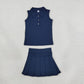 NEW RTS NO MOQ yoga fabric cotton GSD2796（GT1159+GLK0122）Baby Girls Navy Sleeveless Button Vest Top Pleated Skirt Short Yoga Casual Clothes Set