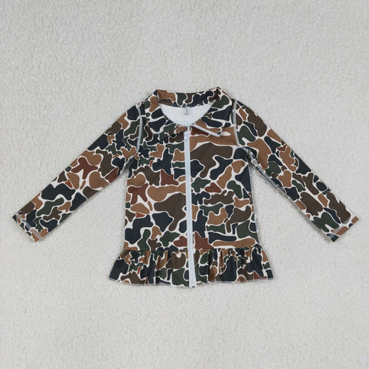 4.1 GT1315 Baby Girls Southern Dark Brown Camo Yoga Active Zip Ruffle Jackets Top